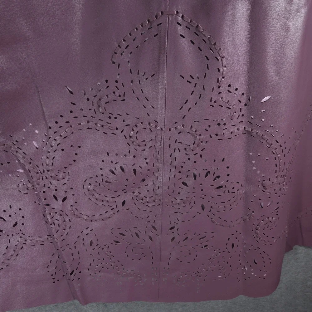 Vtg‎ Y2K Roaman's Purple Genuine Leather Laser Cut Midi Skirt Womens 34W